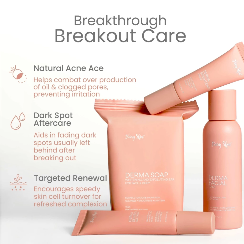 Fenty Skin skincare products with text on breakthrough breakout care on a white background Fairy Skin  Derma Facial Kit - Pimple Fighting and Skin Renewing