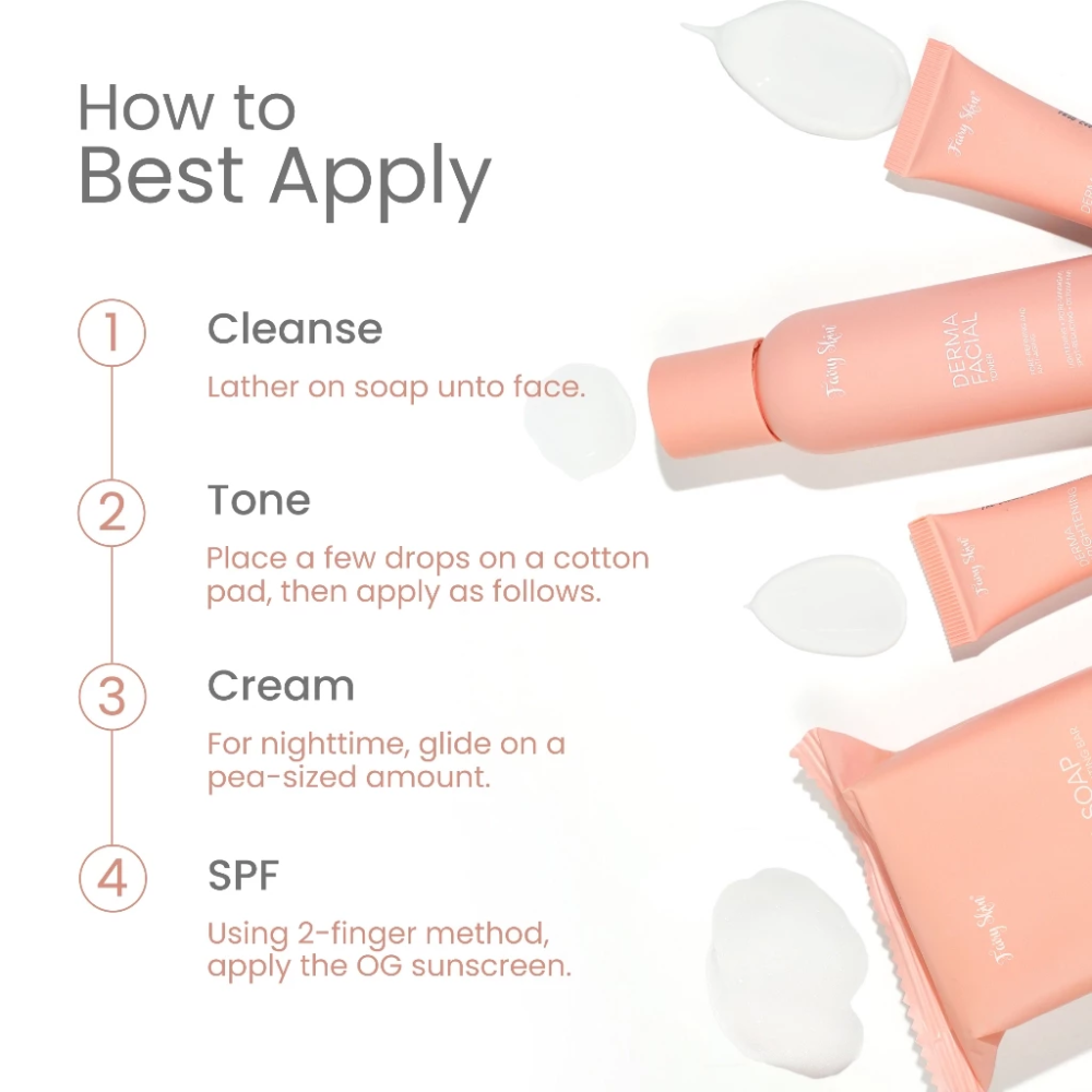Cosmetic product packaging with application instructions on a white background Fairy Skin  Derma Facial Kit - Pimple Fighting and Skin Renewing