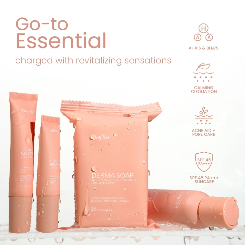 Set of skincare products with packaging labeled 'Go-to Essential' on a light background. Fairy Skin  Derma Facial Kit - Pimple Fighting and Skin Renewing