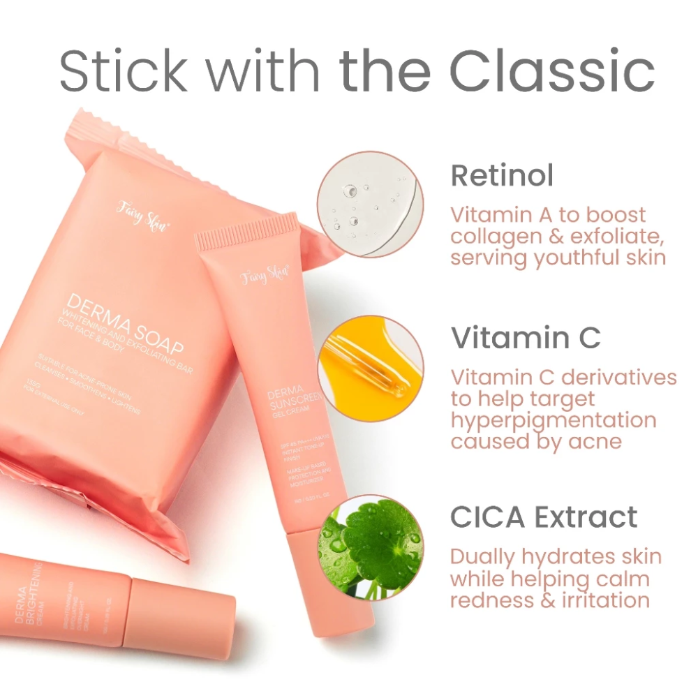 Cosmetic products with ingredients like Retinol, Vitamin C, and CICA Extract on a white background. Fairy Skin  Derma Facial Kit - Pimple Fighting and Skin Renewing