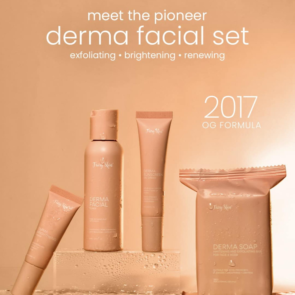 Derma facial set with bottles and packaging on a beige background Derma Facial Kit - Pimple Fighting and Skin Renewing