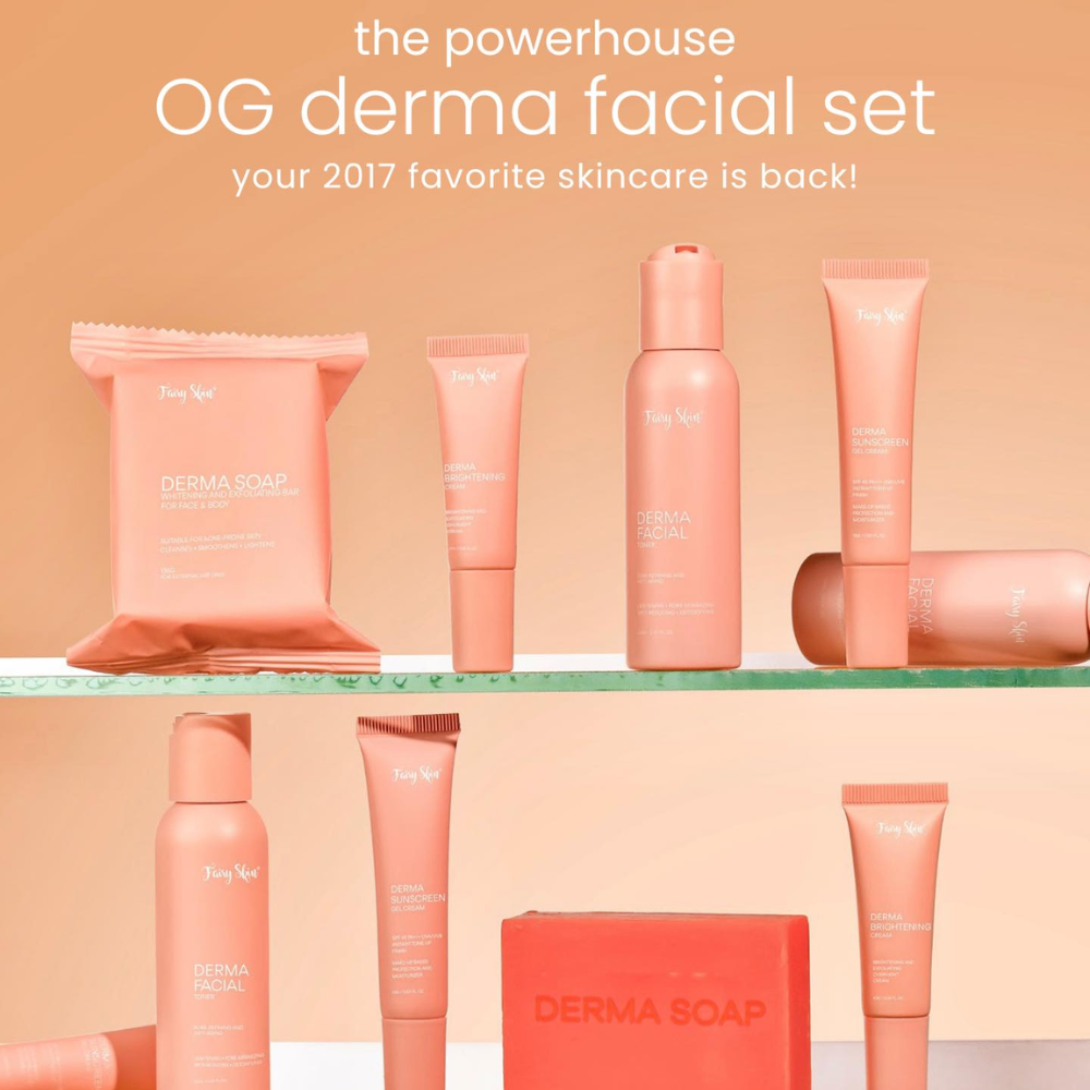 Collection of Derma Soap skincare products on a peach background with promotional text. Fairy Skin Derma Facial Kit - Pimple Fighting and Skin Renewing