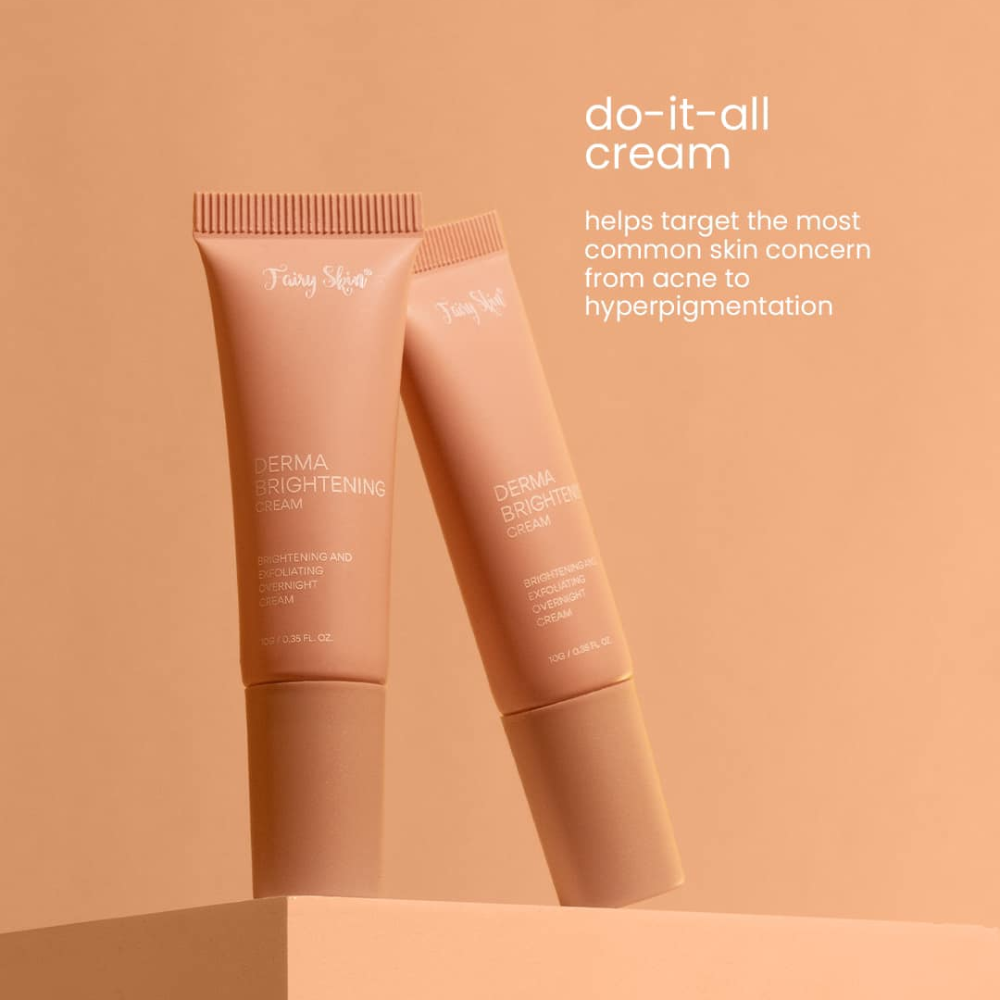 Two tubes of Derma Brightening Cream on a peach background with text about the cream's benefits. Fairy Skin  Derma Facial Kit - Pimple Fighting and Skin Renewing