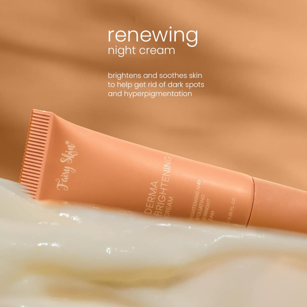 Tube of 'Fairy Skin' derma brightening night cream on a beige background Fairy Skin  Derma Facial Kit - Pimple Fighting and Skin Renewing