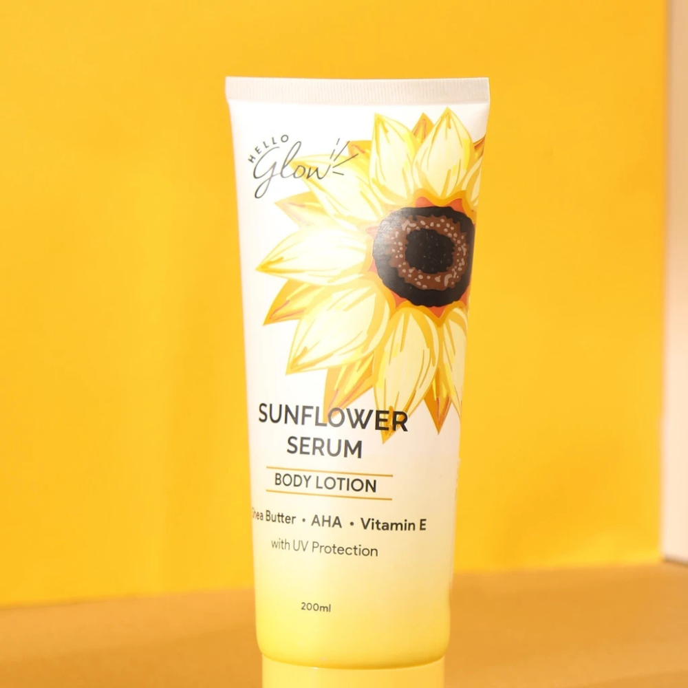 Sunflower serum body lotion with sunflower design on a yellow background Hello Glow Sunflower Serum Body Lotion with UV Protection 200ml