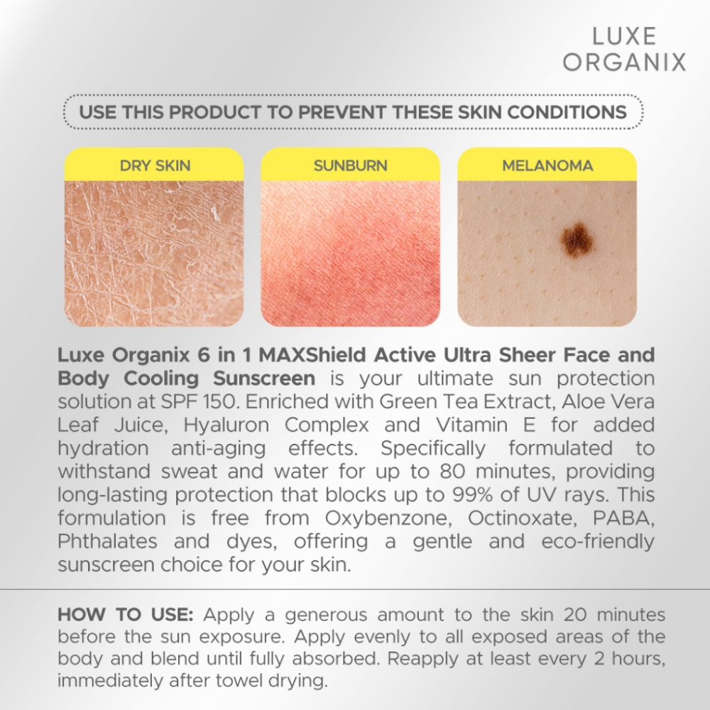 Luxe Organix 6 in 1 MAXShield Active Ulta Sheer Face & Body Sunscreen