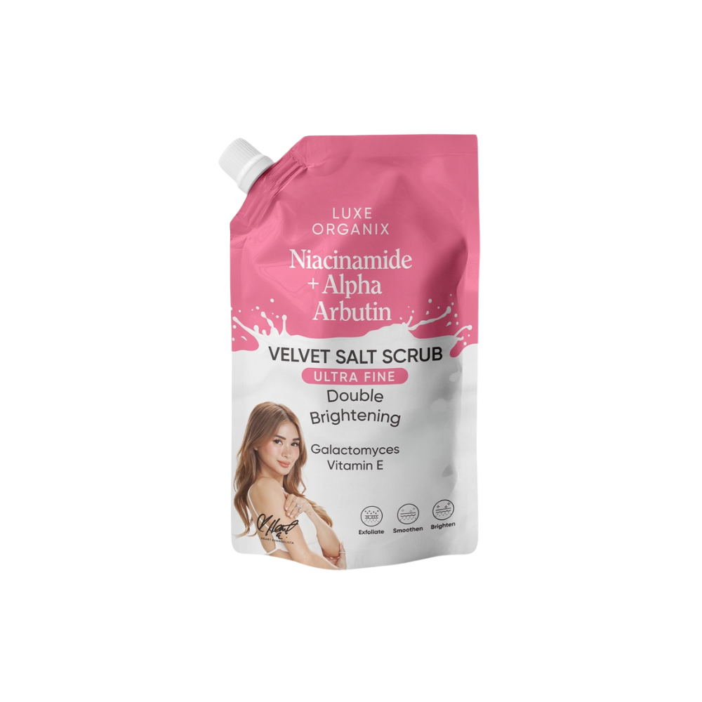 Luxe Organix Niacinamide + Alpha Arbutin Velvet Shower Salt Scrub 300g Heart Evangelista