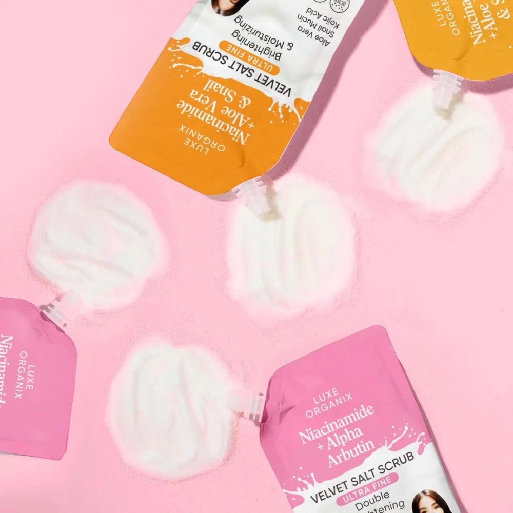 Luxe Organix Niacinamide + Alpha Arbutin Velvet Shower Salt Scrub 300g Heart Evangelista