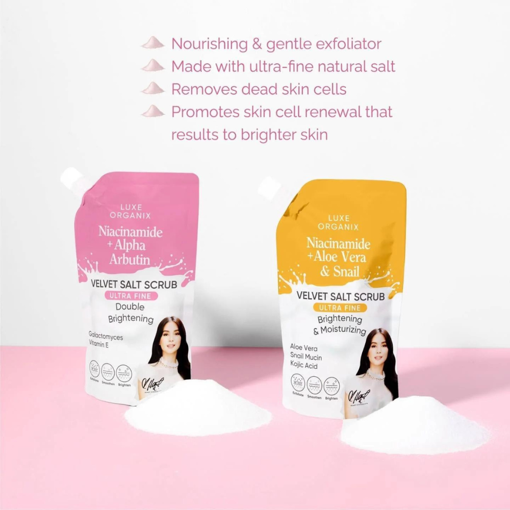 Luxe Organix Niacinamide + Alpha Arbutin Velvet Shower Salt Scrub 300g Heart Evangelista