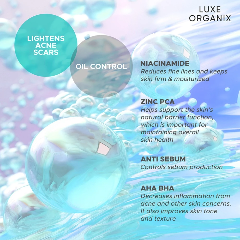 Product packaging with text detailing skincare benefits on a colorful background Luxe Organix Miracle Solutions Acne Derma + Emulsion 80ml