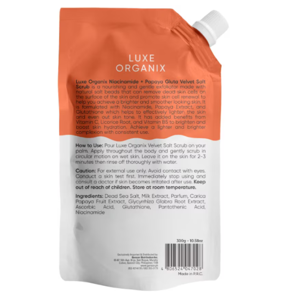 Luxe Organix Niacinamide + Papaya Gluta Velvet Salt Scrub Ultra Fine 300g Heart Evangelista