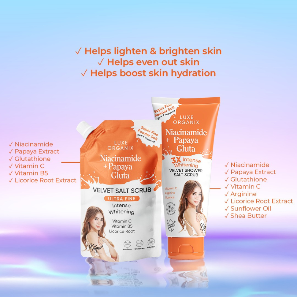 Luxe Organix Niacinamide + Papaya Gluta Velvet Salt Scrub Ultra Fine 300g Heart Evangelista