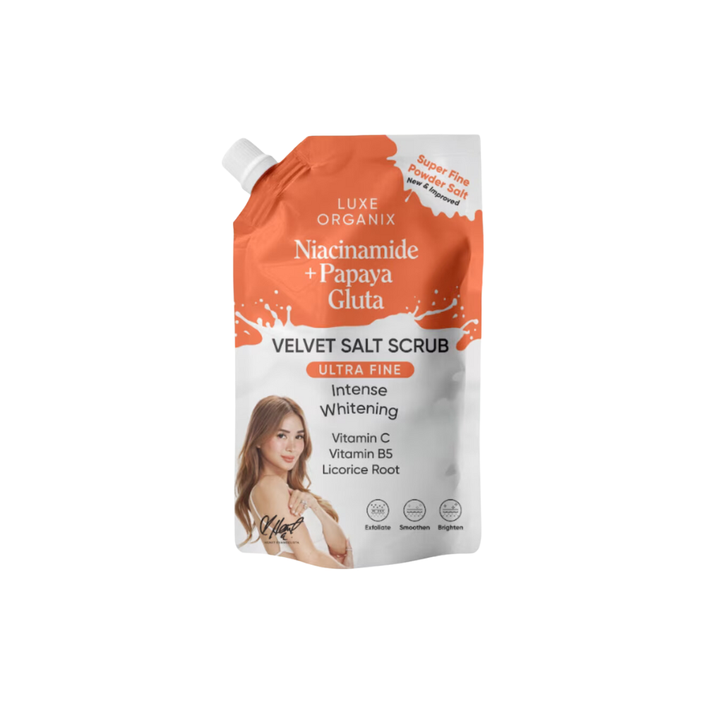 Luxe Organix Niacinamide + Papaya Gluta Velvet Salt Scrub Ultra Fine 300g Heart Evangelista