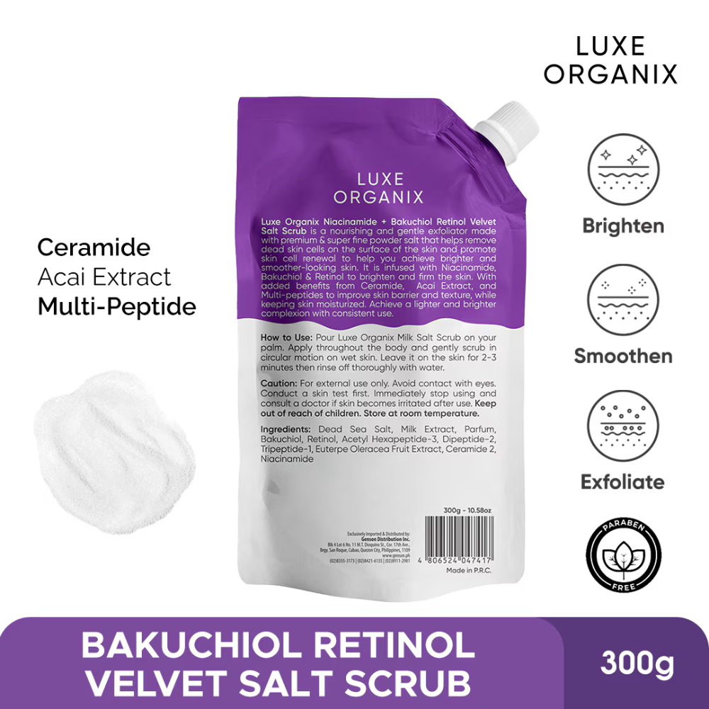 Purple packaging of Luxe Organix Bakuchiol Retinol Velvet Salt Scrub with text and icons on a white background Luxe Organix Niacinamide + Bakuchiol Retinol 3x Whitening & Firming Velvet Salt Scrub 300g