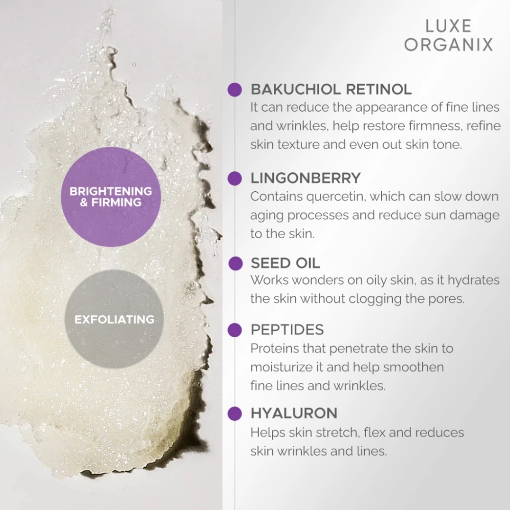 Luxe Organix skincare product with ingredients listed on a white background Luxe Organix Niacinamide + Bakuchiol Retinol 3x Whitening & Firming Velvet Shower Salt Scrub