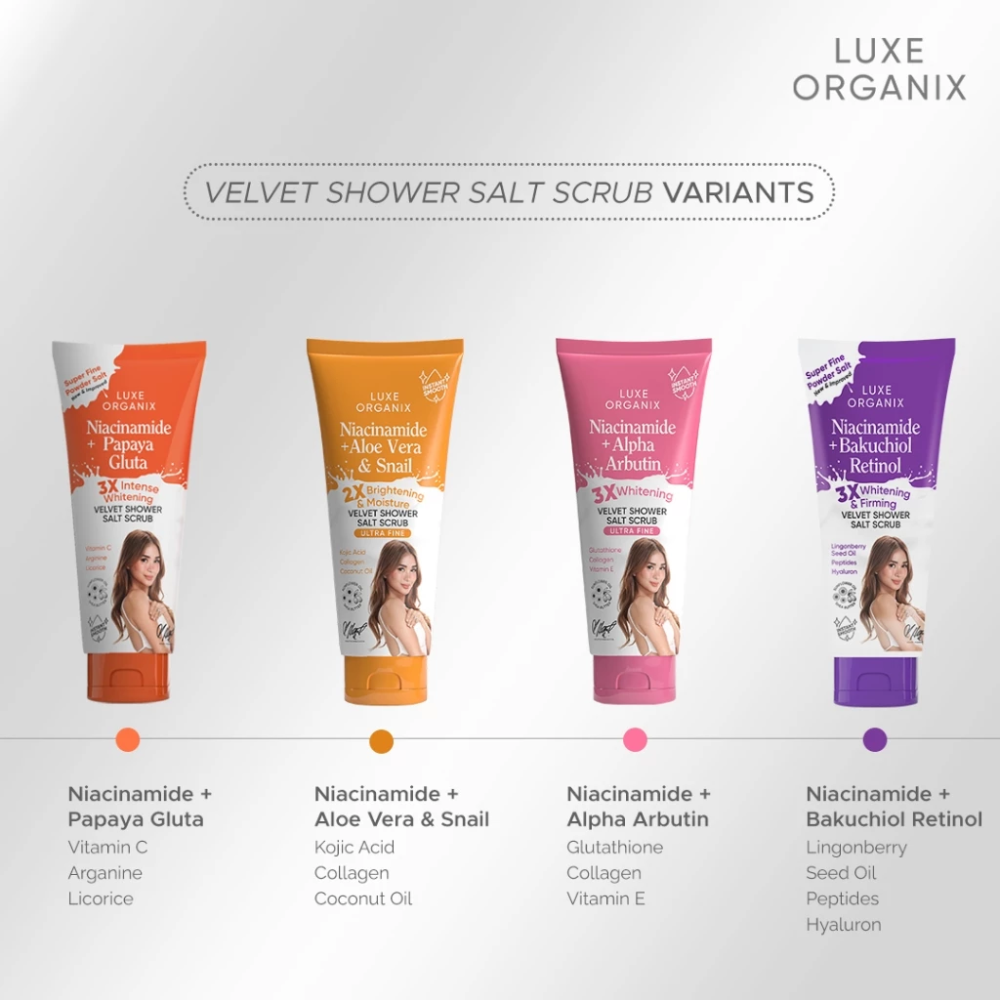 Four bottles of Luxe Organix Velvet Shower Salt Scrub with different variants on a white background. Luxe Organix Niacinamide + Bakuchiol Retinol 3x Whitening & Firming Velvet Shower Salt Scrub
