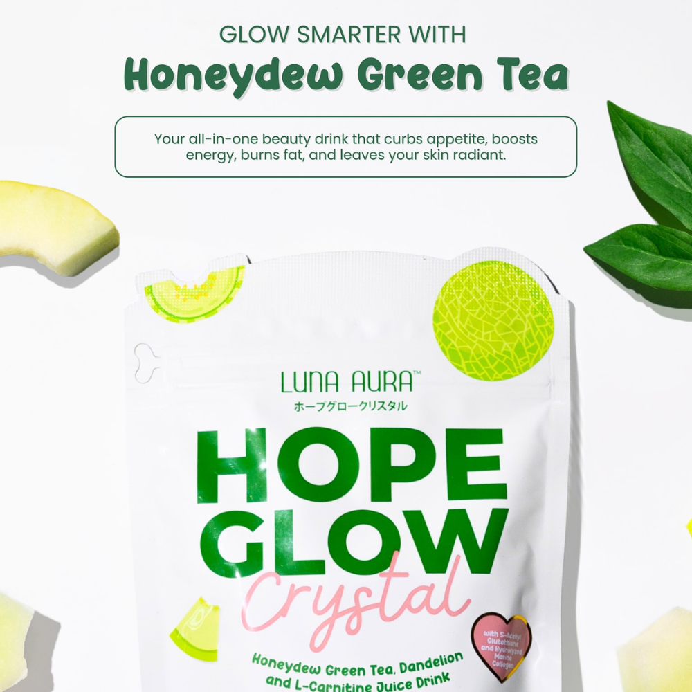 Luna Aura Hope Glow Crystal package with honeydew green tea elements on a white background Luna Aura Hope Glow Crystal - Honeydew Green Tea, Dandelion and L-Carnitine Juice Drink