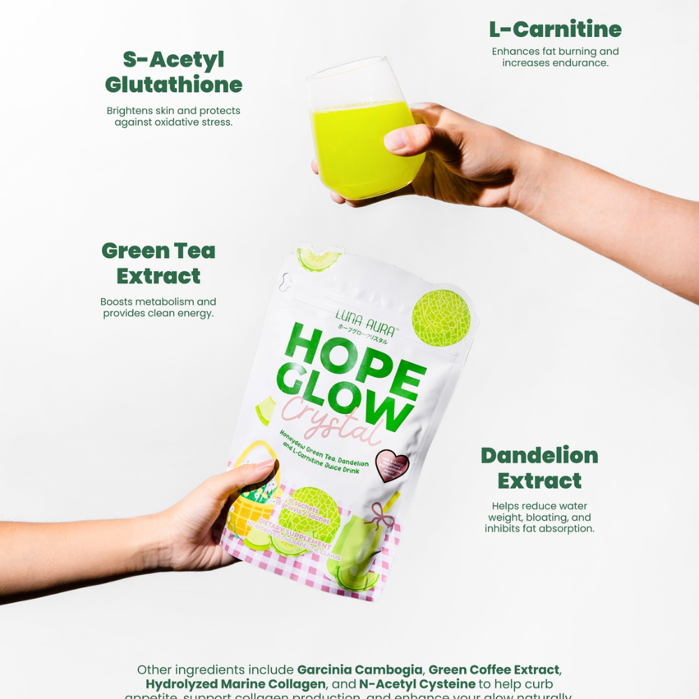 Two hands holding a 'Hope Glow Crystal' package with green tea extract and dandelion extract text on a white background. Luna Aura Hope Glow Crystal - Honeydew Green Tea, Dandelion and L-Carnitine Juice Drink