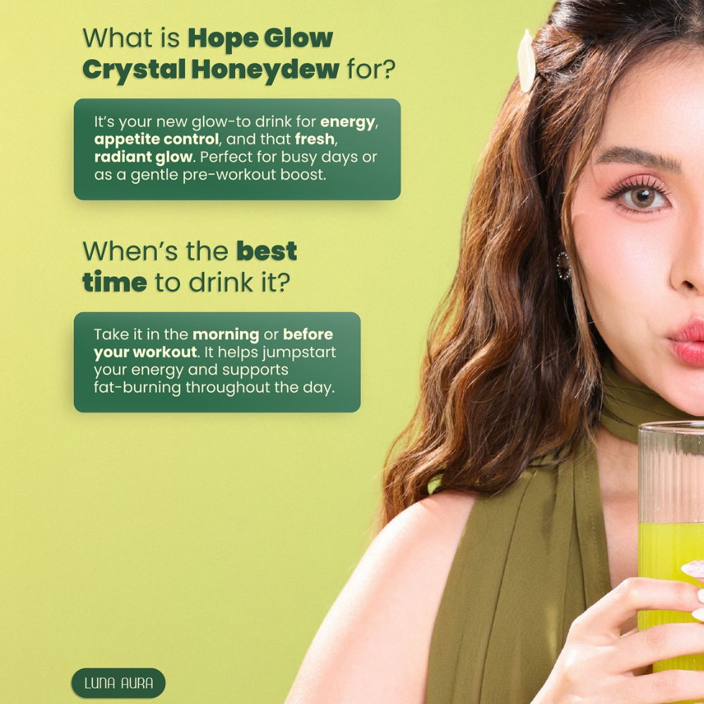 Promotional image of a woman holding a glass of 'Hope Glow Crystal Honeydew' with text about its benefits and usage. Luna Aura Hope Glow Crystal - Honeydew Green Tea, Dandelion and L-Carnitine Juice Drink