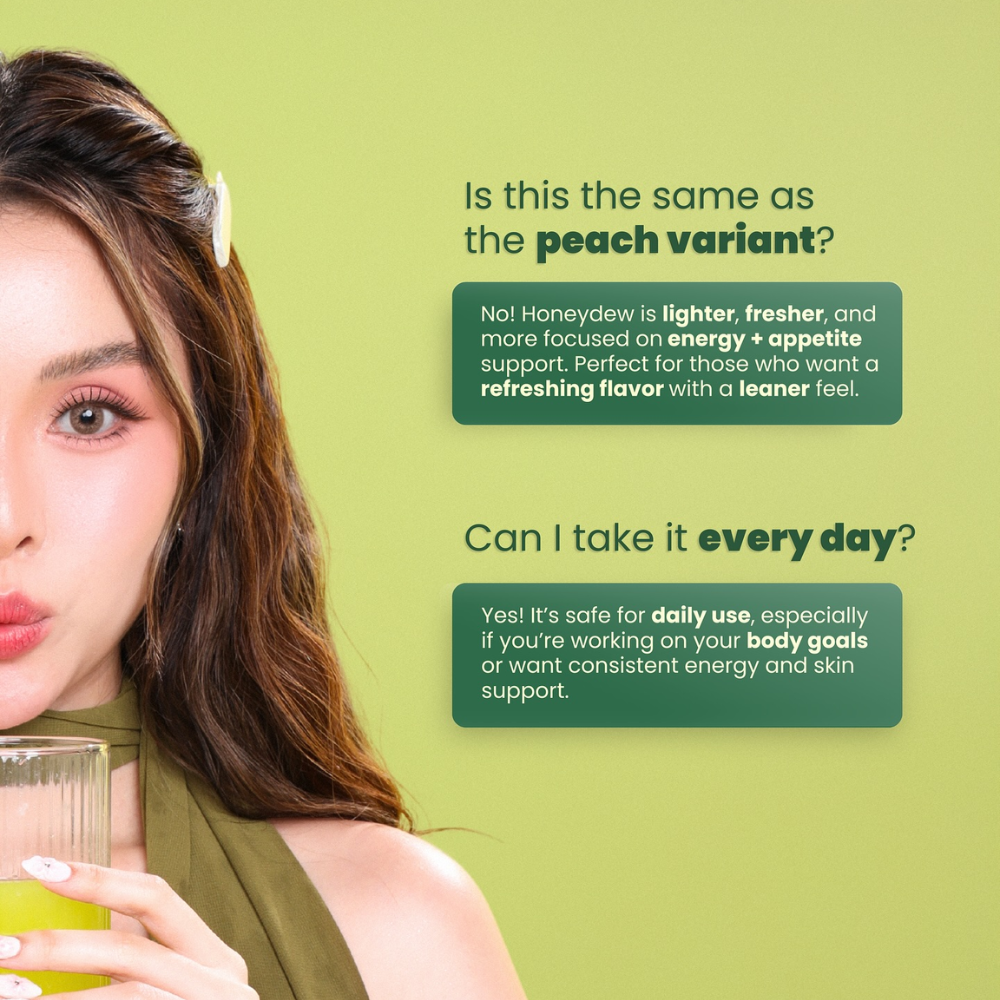 Woman holding a glass with text about honeydew flavor and daily use on a green background Luna Aura Hope Glow Crystal - Honeydew Green Tea, Dandelion and L-Carnitine Juice Drink