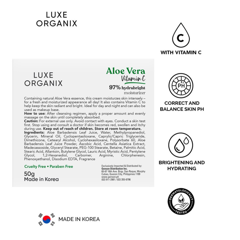 Luxe Organix skincare product label with ingredients and benefits on a white background Luxe Organix Aloe Vera Vitamin C 97% Hydrabright Moisturizer 50g