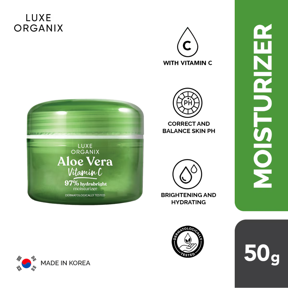 Green jar of Luxe Organix Aloe Vera Vitamin C moisturizer with product details on a white background Luxe Organix Aloe Vera Vitamin C 97% Hydrabright Moisturizer 50g