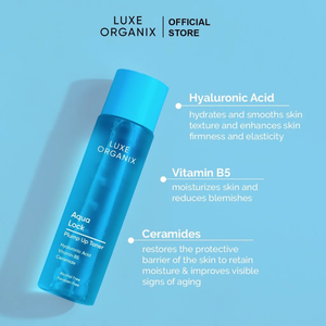 Luxe Organix Aqua Lock Plump Up Toner bottle with product features on a light blue background Luxe Organix Aqua Lock HyaGlow Essence Toner 150ml