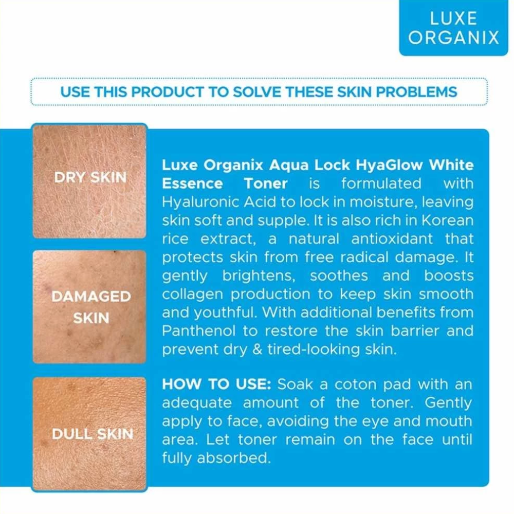 Luxe Organix Aqua Lock HyaGlow White Essence Toner advertisement with skin condition illustrations and product description. Luxe Organix Aqua Lock HyaGlow Essence Toner 150ml