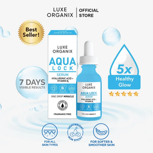 Luxe Organix Aqua Lock serum packaging with bottle and box on a white background Luxe Organix Aqua Lock HyaGlow White 2x Boost Serum 30ml