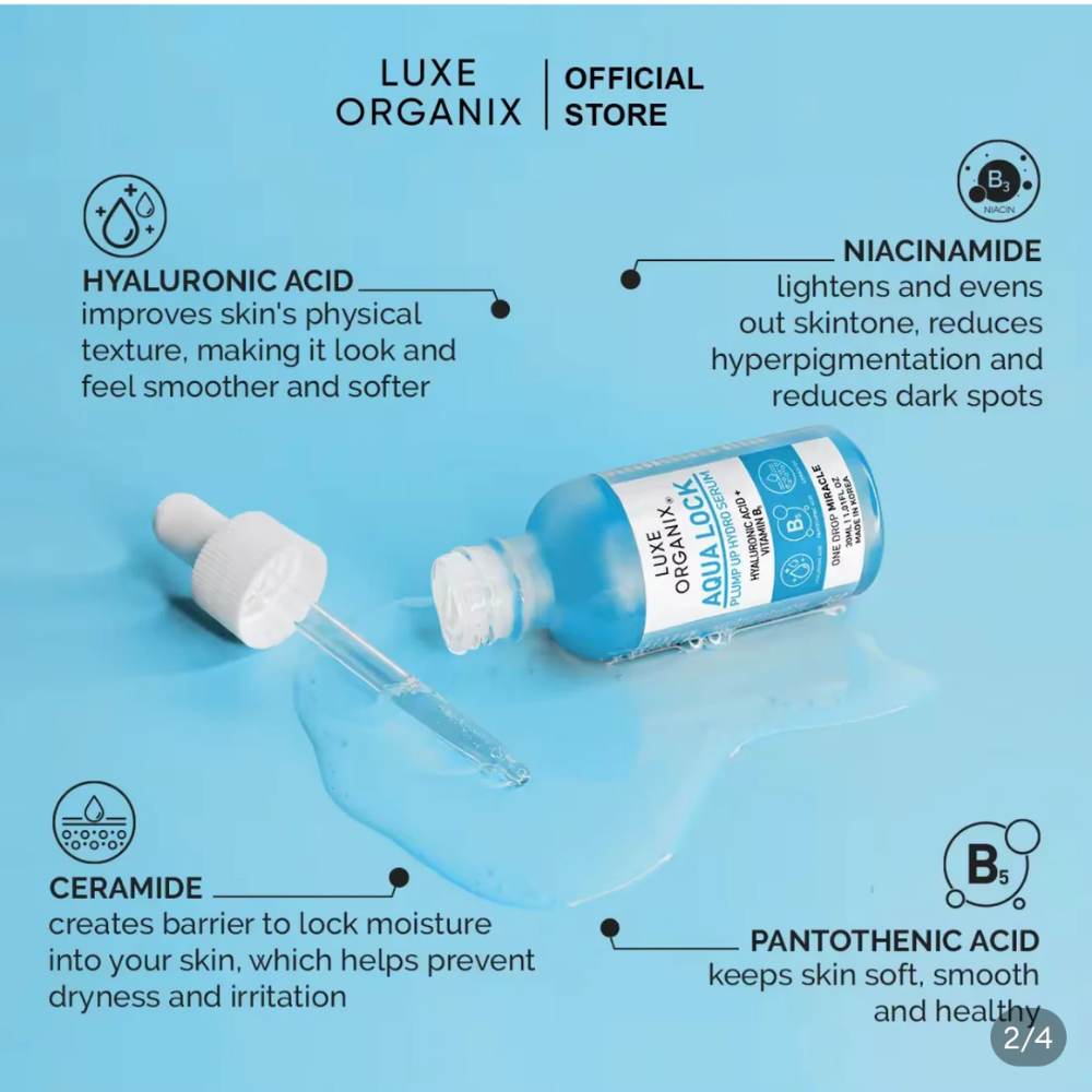 Luxe Organix skincare product with dropper on a blue background Luxe Organix Aqua Lock HyaGlow White 2x Boost Serum 30ml