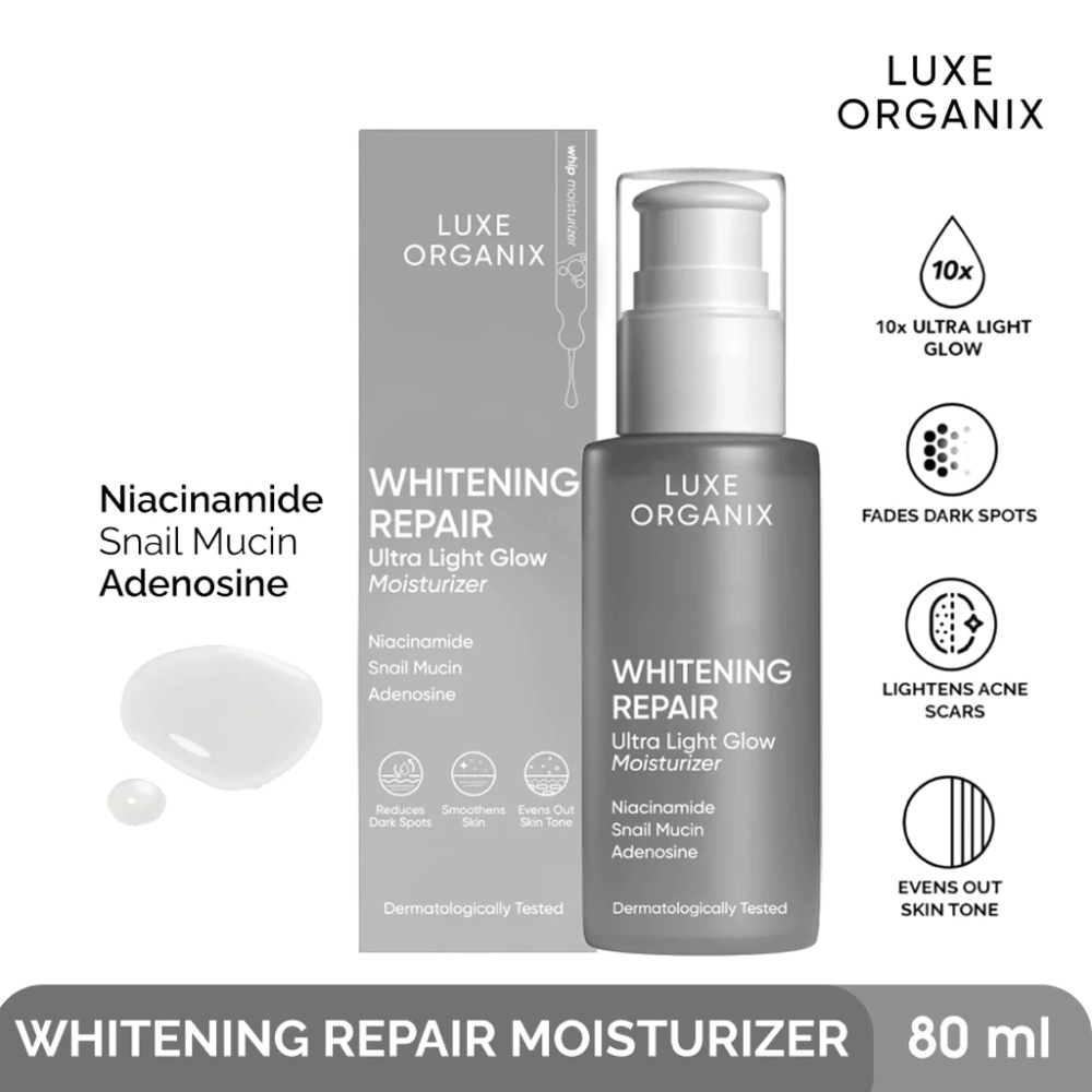 Luxe Organix Whitening Repair moisturizer with packaging on a white background Luxe Organix Whitening Repair Ultra Light Glow Moisturizer 80ml