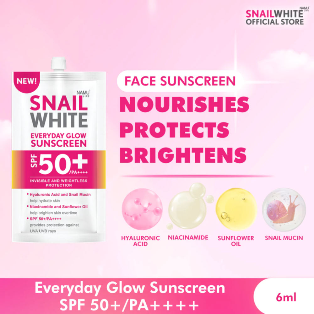 Snail White sunscreen packaging with product details on a pink background SNAILWHITE Everyday Glow Sunscreen SPF 50