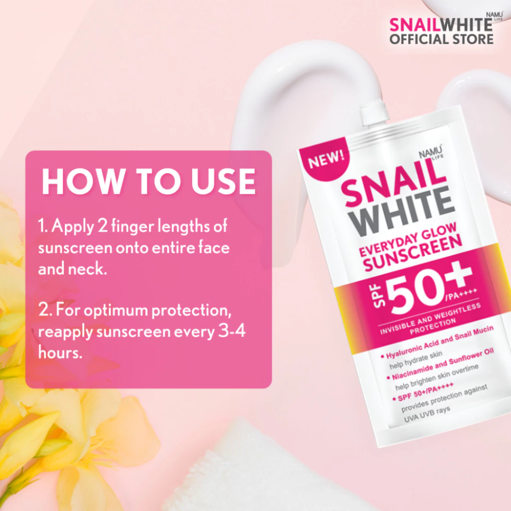 Snail White sunscreen bottle with application instructions on a pink background SNAILWHITE Everyday Glow Sunscreen SPF 50
