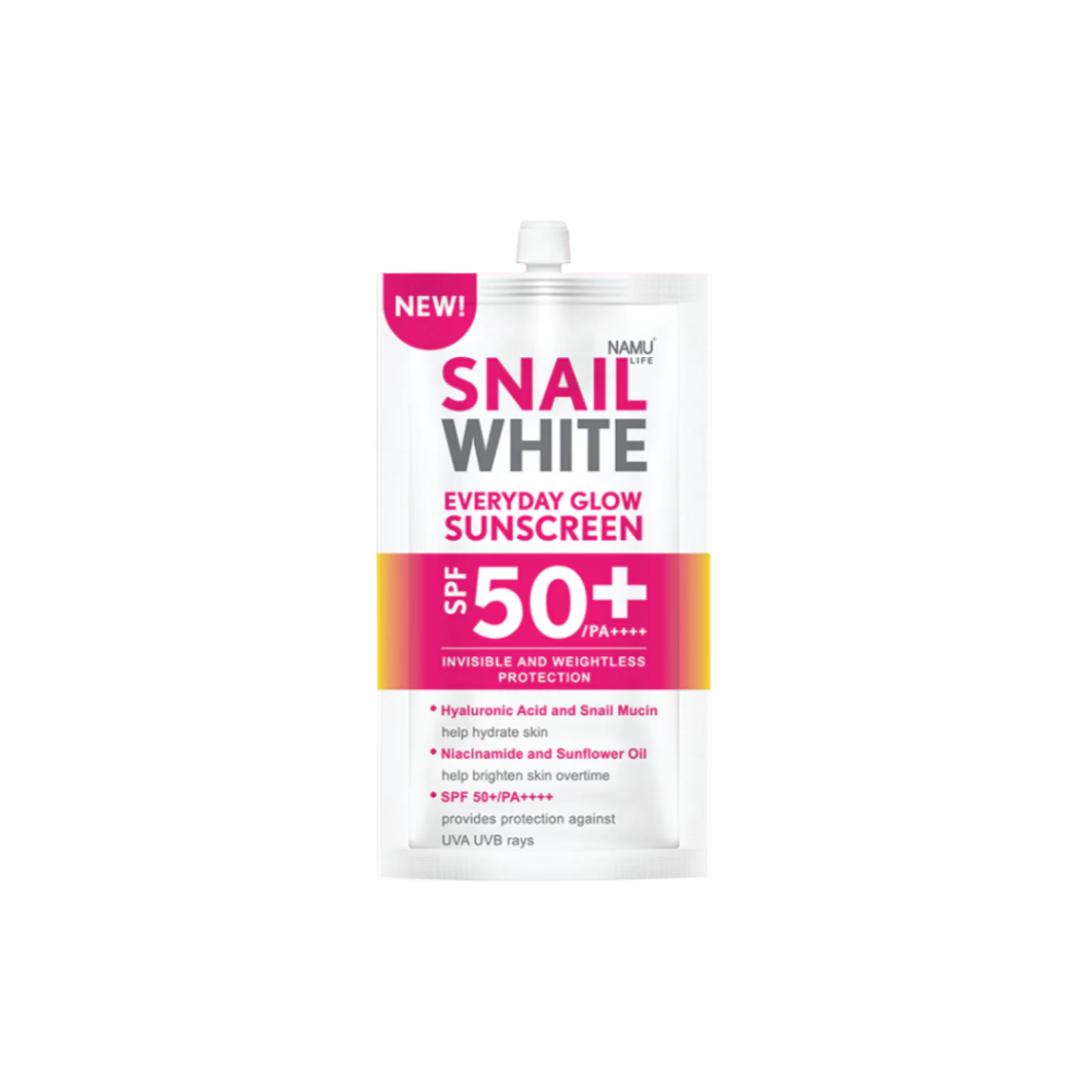 Snail White sunscreen packaging on a white background SNAILWHITE Everyday Glow Sunscreen SPF 50 Sachets