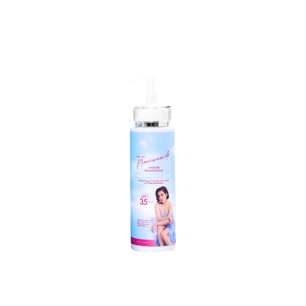 Cosmetic bottle with a label featuring a woman and text on a white background Sereese Beauty New Gen Niacinamide Intense Brightening Body Lotion SPF35 PA+++ 235ml