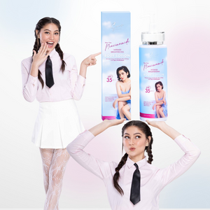 Two women holding Bacinmaid products against a white background Sereese Beauty New Gen Niacinamide Intense Brightening Body Lotion SPF35 PA+++ 235ml