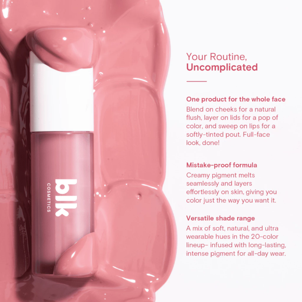 Pink lip gloss with brand name on a white background Blk Cosmetics Creamy All Over Paint Bretman Rock Collection