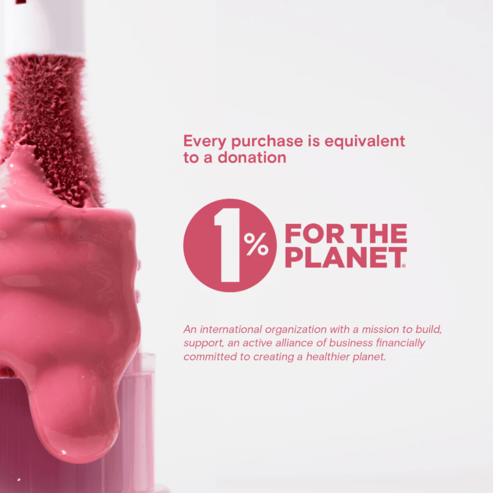 Pink smoothie being poured with '1% for the Planet' logo and text on a white background Blk Cosmetics Creamy All Over Paint Bretman Rock Collection