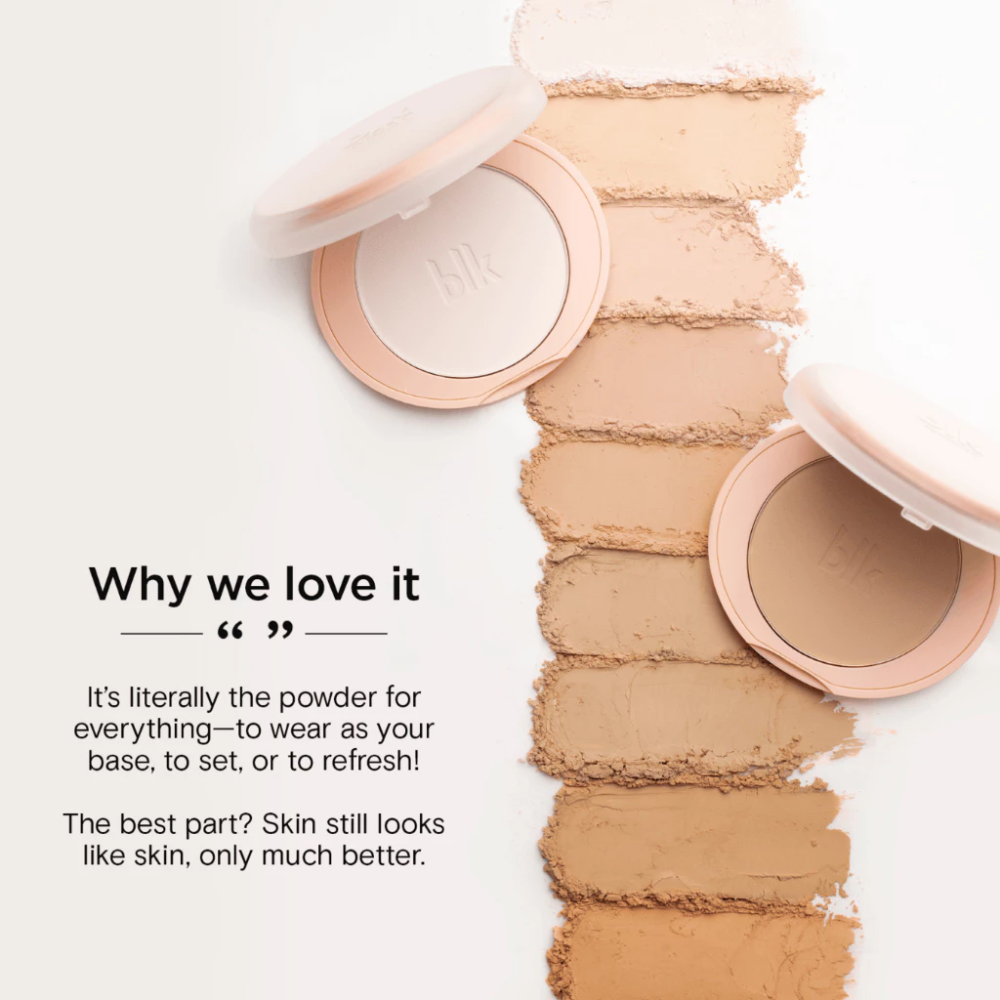 Makeup product with swatches and text on a white background blk cosmetics Daydream Soft Blur Powder Foundation