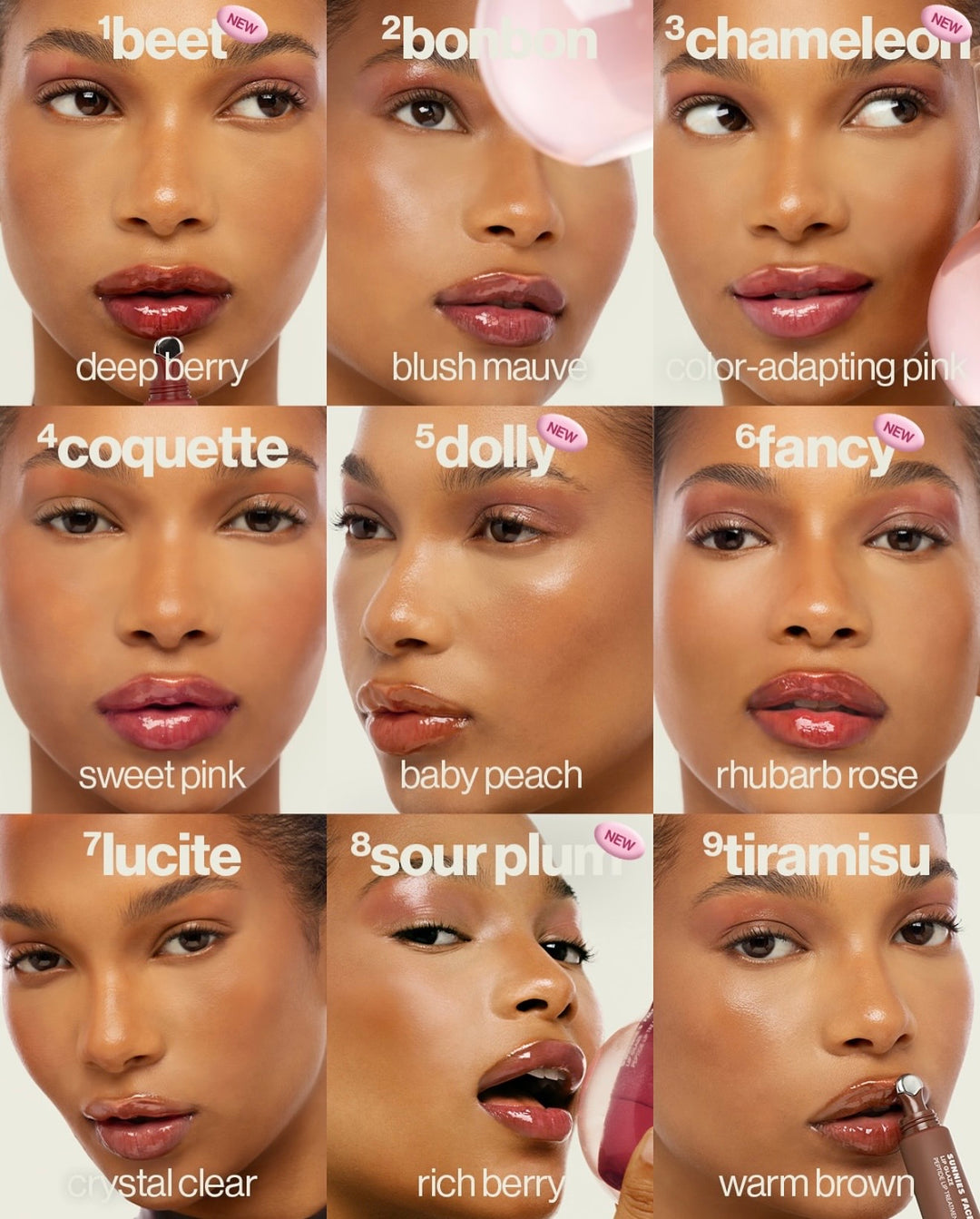 Grid of a woman's face with different lipstick shades labeled. Sunnies Face Lip Glaze - a peptide lip treatment