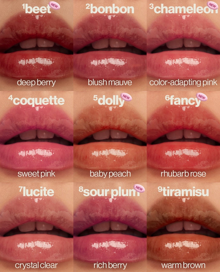 Lips with different shades of lipstick labeled with different shadesSunnies Face Lip Glaze - a peptide lip treatment