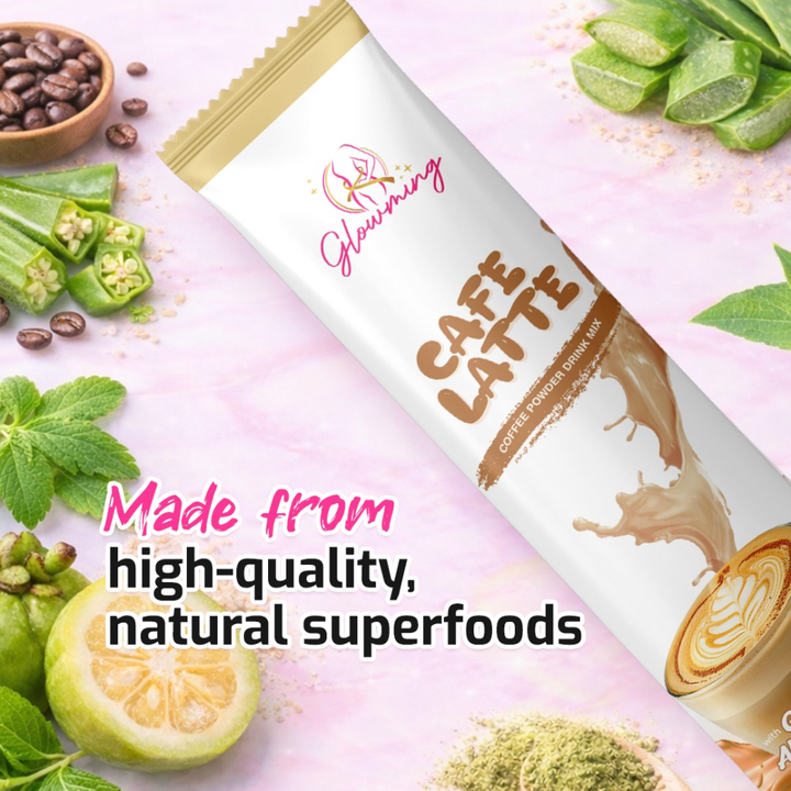 Cafe Latte package with superfoods on a pink background
