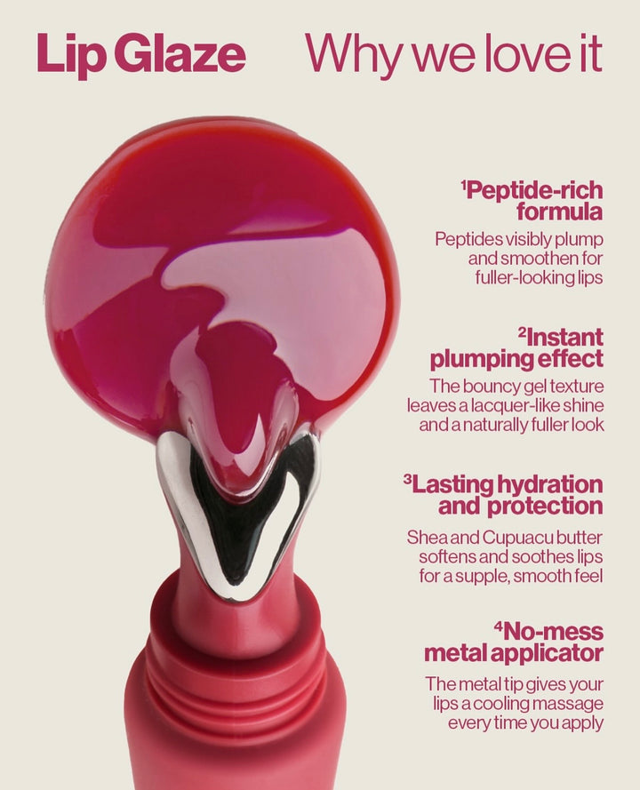Lip gloss with a metal applicator on a beige background, featuring text about the product's features. Sunnies Face Lip Glaze - a peptide lip treatment