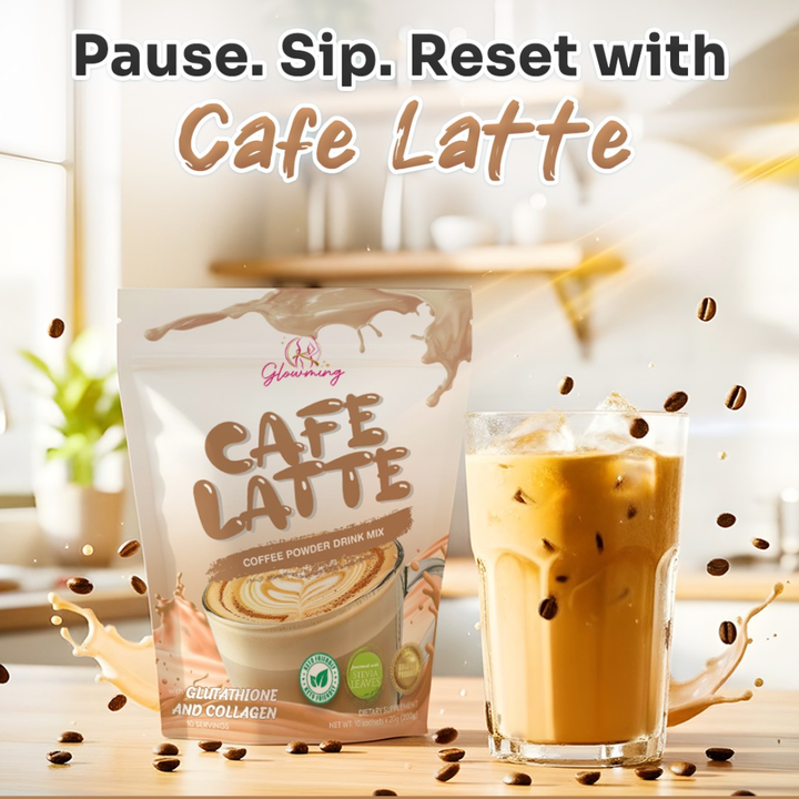 Cafe Latte coffee powder drink mix package with a glass of iced latte on a blurred kitchen background.