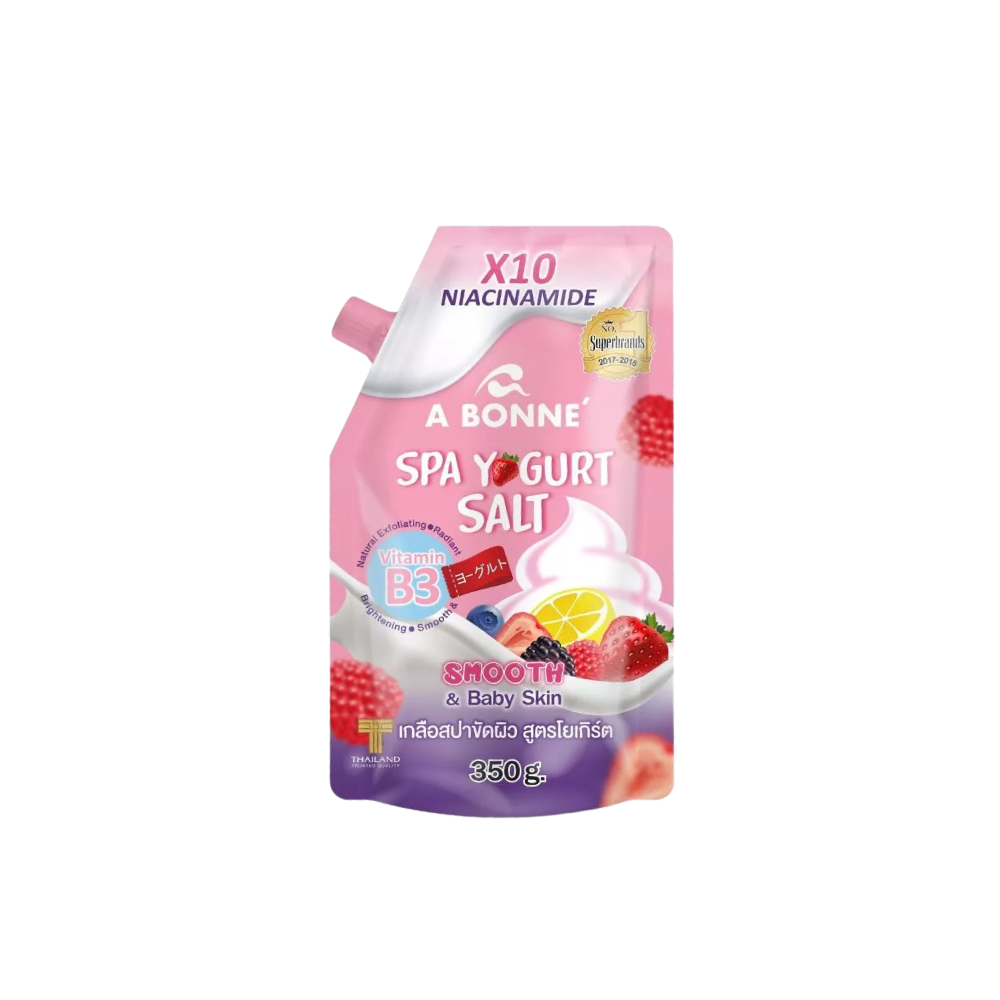 Abonne Spa Yogurt Salt 350g Pink and purple packaging of A Bonne Spa Yurt Salt with fruit illustrations on a white background