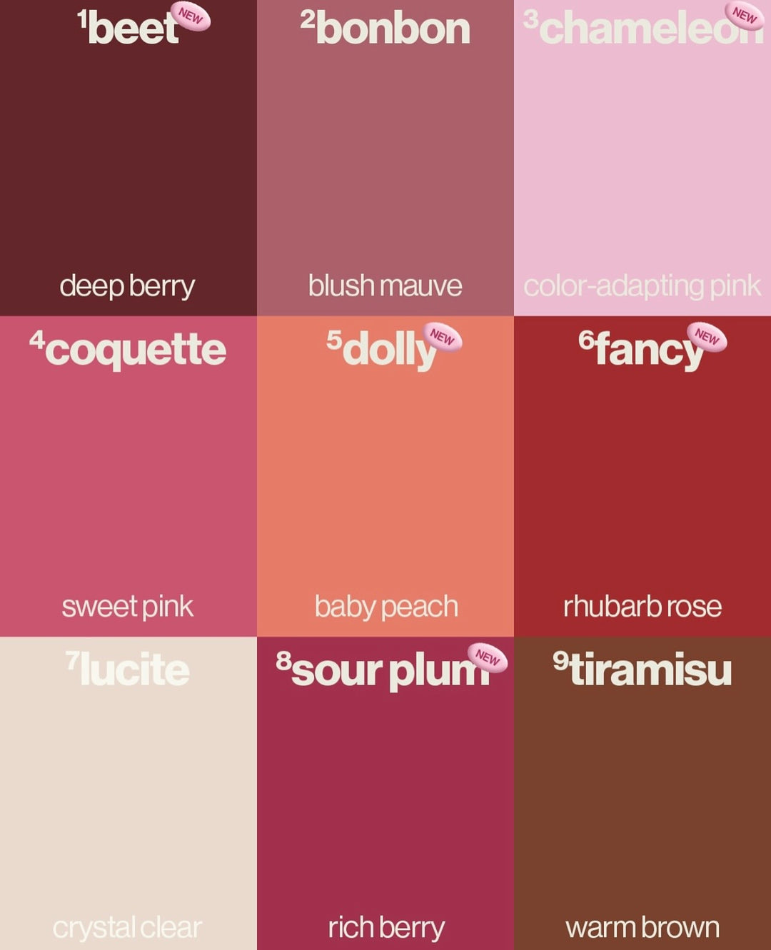 Color swatches with names and descriptions on a white background Sunnies Face Lip Glaze - a peptide lip treatment