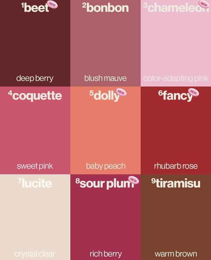 Color swatches with names and descriptions on a white background Sunnies Face Lip Glaze - a peptide lip treatment
