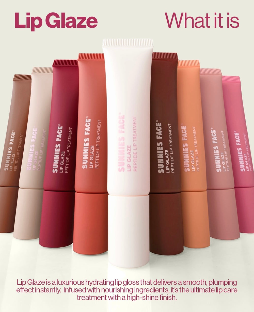 Collection of lip gloss tubes with text describing the product on a white background Sunnies Face Lip Glaze - a peptide lip treatment