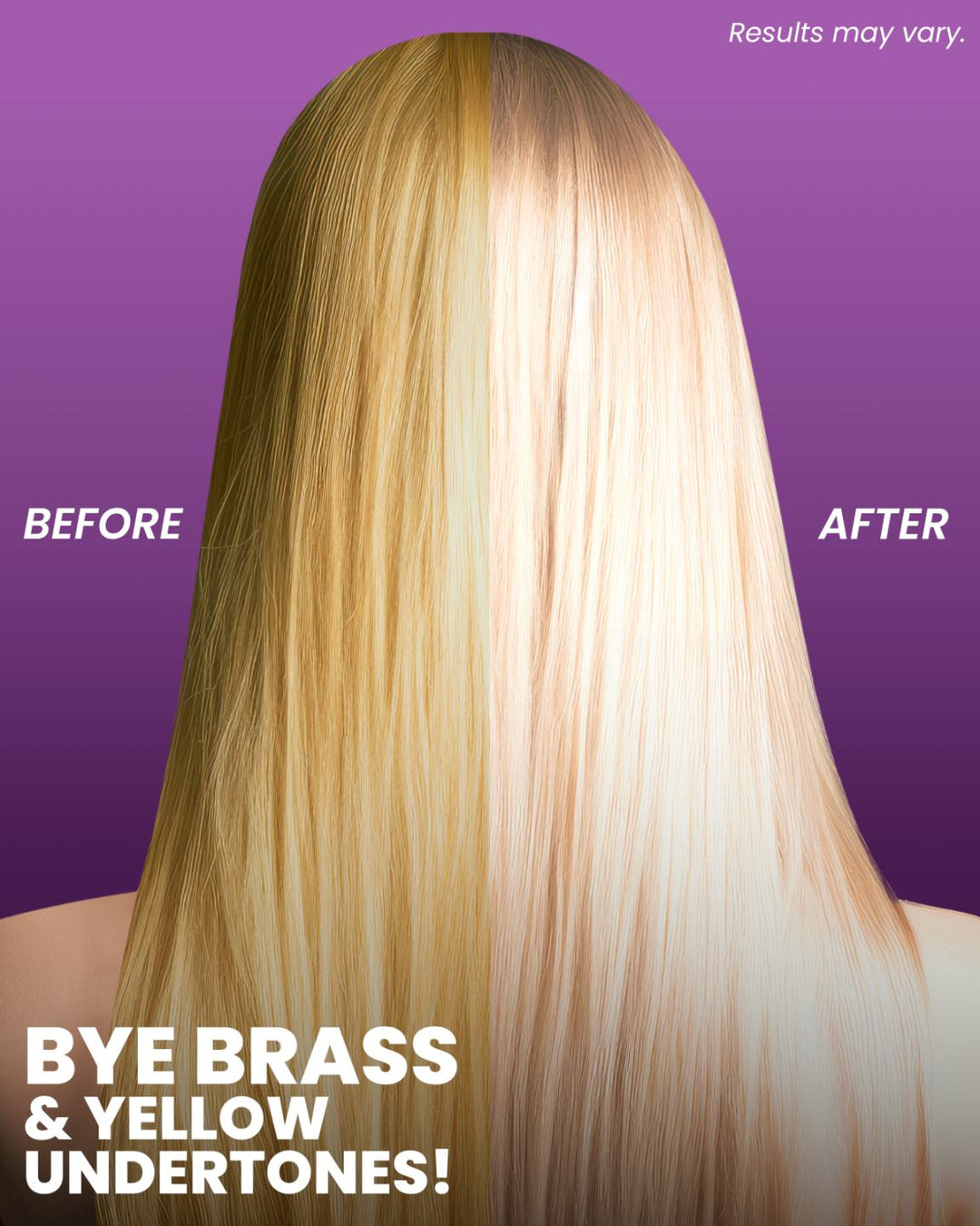 Before and after hair color transformation with a purple background