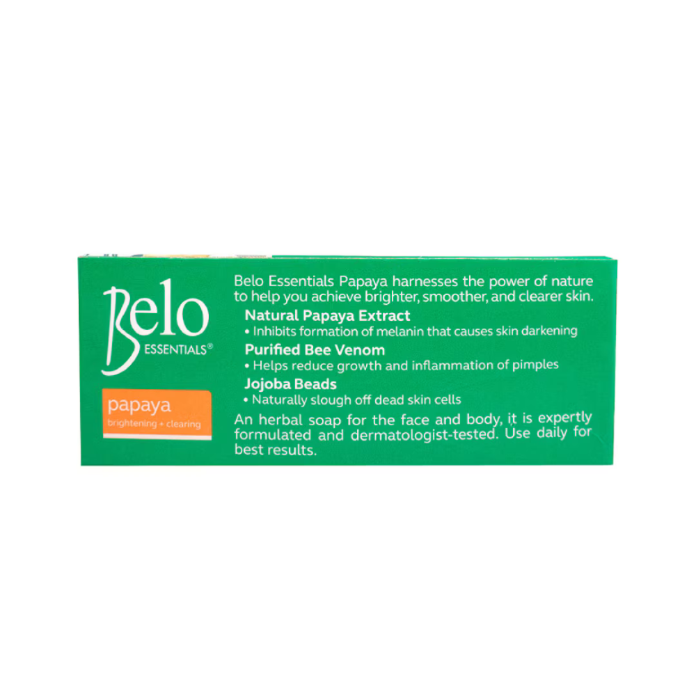 Belo Essentials Papaya soap packaging with green label on a white background